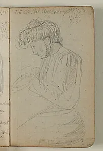 Studie af en kvinde med sytøj, samt notat by Niels Larsen Stevns
