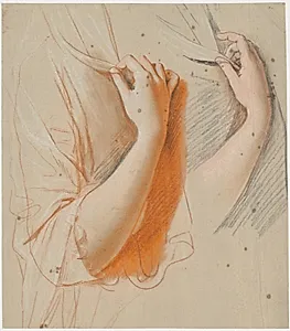 Studie af en kvindes højre arm, holdende et slør; forarbejde til portrættet af grevinde Constance Bernstorff, født Knuth by Jens Juel