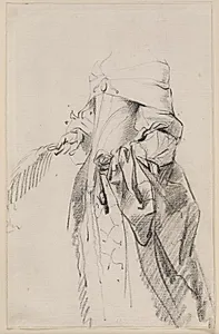 Studie af en stående dame, vendt mod venstre, holdende en fjer eller vifte i hånden by Gerard ter Borch