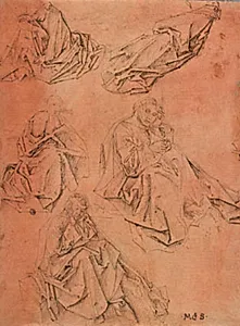 Studie af fem hvilende eller sovende figurer og et fragment af en sjette by Draperistudiemesteren/Coburg rundel-mesteren