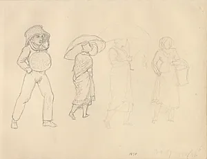 Studie af fire figurer på gaden i regnvejr. by C.W. Eckersberg