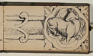 Studie af firpas for enden af korsarm på Egebjerg-krucifixet. Firpasset viser oksen, Lukas' evangelistsymbol by Niels Larsen Stevns