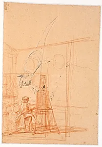 Studie af højre arm på en stående mandsfigur samt et kompositionsudkast til at dobbeltportræt af Juel og hans kone ved staffeliet by Jens Juel