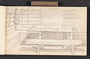 Studie af interiør med bord og bænk, Bjørnstad Norge