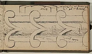 Studie af korsarm på Egebjerg-krucifixet. Firpasset viser ørnen, Johannes' evangelistsymbol. Notater vedr. mål og farver by Niels Larsen Stevns