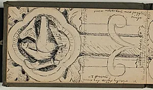 Studie af korsarm på Egebjerg-krucifixet. Firpasset viser ørnen, Johannes' evangelistsymbol. Notater vedr. mål og farver by Niels Larsen Stevns