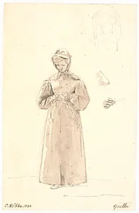 Studie af kunstnerens søster Cecilie Margrethe, t.h. to skitser af hendes hoved samt skitser af hendes hals og skulder og af hendes højre hånd by Christen Købke