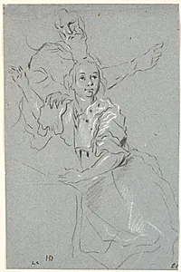 Studie af kvinde med løftet arm, bag hende en skægget olding by Heinrich Dittmers