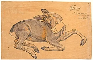 Studie af liggende hind. En hånd griber den om mulen by Joakim Skovgaard