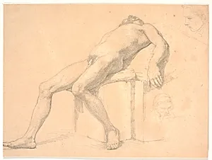 Studie af mandlig, nøgen, tilbagelænet model. T.h. to portræthoveder, den ene muligvis Constantin Hansen by H.W. Bissen
