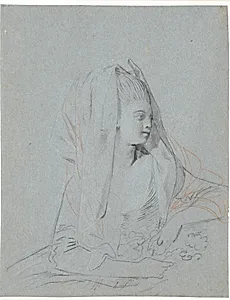 Studie af siddende ung dame med blomster i hænderne og slør over hovedet. by Jens Juel