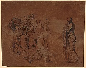 Studie af Simo, Sosie og slaverne, i billedet med disse figurer. [Simo betror sig til Sosia] by Nicolai Abildgaard