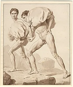 Studie af to nøgne mænd, belæssede med byrder, på vej op ad et bjerg by C.W. Eckersberg
