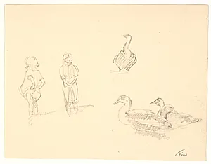 Studie af to soppende børn og tre gæs by Ludvig Find