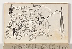 Studie med farveangivelser efter Tizians "Landlig koncert" (Concert Champetre), Louvre, Paris by J.A. Jerichau (II)