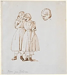 Studie til de to pigebørn samt til hende (t.h.'s) hoved på billederne "Bøgeskov i Maj". by P.C. Skovgaard