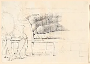 Studie til det Holmskioldske familiebillede fra 1787: den polstrede sofa, og til venstre en stol med Holmskiolds figur skitseret by Jens Juel
