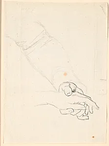 Studie til det Holmskioldske familiebillede fra 1787: en kvindearm støttet i en sofa, holdende en barnearm by Jens Juel
