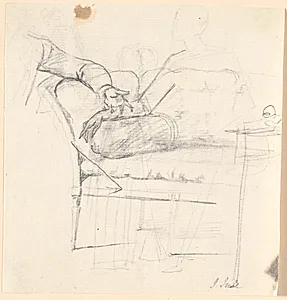 Studie til det Holmskioldske familiebillede fra 1787: sofaen med bordet til højre, og alle tre figurers placering skitseret by Jens Juel