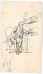 Studie til det holmskioldske familiebillede fra 1787: geheimeråd. Theodor Holmskiold sidden ved et bord by Jens Juel