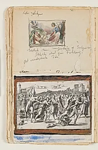 Studie til eller efter kunstnerens maleri "Loke" og "Sigyn". Desuden indklæbet foto af "Barnemordet i Bethlehem", stik af M.A. Raimondi efter Raphael by J.A. Jerichau (II)