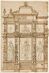 Studie til en altertavle med seks billeder i en ornamenteret ramme. F.o.: Sankt Frans' stigmatisering, Jomfru Maria med Jesusbarnet og Johanns Døberen i ørkenen. F.n.: Helgenerne Laurentius, Sebastian og Rochus by Vittore Carpaccio