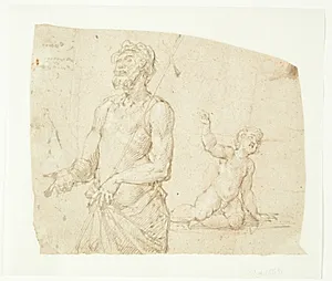 Studie til en mand med korsstav over skulderen i halv figur (Johannes Døberen?) og til en knælende dreng by Ubekendt