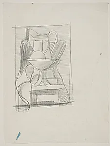 Studie til opstilling med flaske, kander, frugtskål og serviet by Vilhelm Lundstrøm