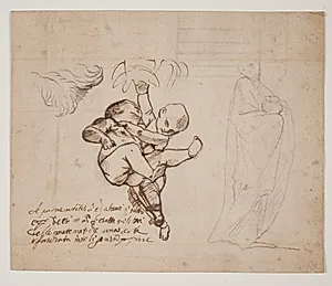 Studie til to legende putti, blade og en draperet figur med en urne by Pietro Testa