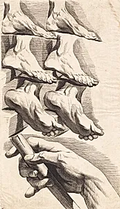 Studieblad af fødder og en hånd, der holder om en stav by J.F. Clemens