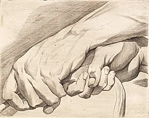 Studieblad af to hænder, der holder om et tov by J.F. Clemens