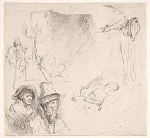 Studieblad, bl.a med en sengeliggende kvinde by Rembrandt van Rijn