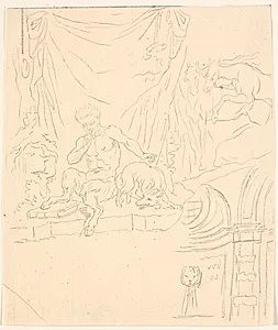 Studieblad; bl.a. siddende faun og et hestepar