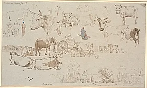 Studieblad fra malkepladsen i Vognserup. Foroven især studier af køer, i midten bl.a. malkevog-nen og forneden Vognserup hovedbygning og længer by Johan Thomas Lundbye