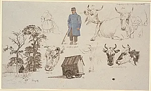 Studieblad fra malkepladsen ved Vognserup. Studier af køer. T.v. bondegård bag tre høje træer, i midten f.o. siddende malkepige med ryggen til samt en stående røgter. F.n. en røgtervogn by Johan Thomas Lundbye