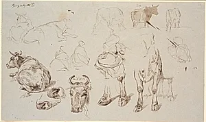 Studieblad fra Vognserup. Foroven studier af køer, i midten 4 studier af malkepiger set fra ryggen by Johan Thomas Lundbye