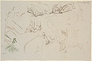 Studieblad fra Vognserup. Forskellige studier af grise. En studie af et par hestehove. En studie af et hundehovede, og studie af græs by Johan Thomas Lundbye