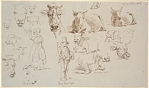 Studieblad fra Vognserup. Studier af køer og af to fårehoveder samt af stående malkepige og en røgter by Johan Thomas Lundbye