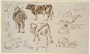 Studieblad fra Vognserup. Studier af køer, tyre og kalve. T.h. to landskabsstudier, den øverste med liggen-de køer, den neder-ste med malkescene by Johan Thomas Lundbye