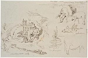 Studieblad fra Vognserup. T. v. en røgter (gamle Rasmus Larsen) siddende med en hund ved et led. F.o.t.h. et landskabsstudie med stedbetegnelser. Herunder to grise. T.h.m.f. studie af siv i en sø. Herunder en kongelysplante og studie af en so by Johan Thomas Lundbye