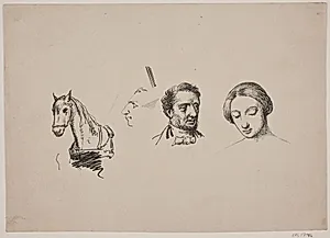 Studieblad med 3 hoveder og forkroppen af en hest by Wilhelm Marstrand