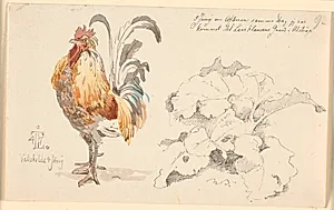 Studieblad med en hane og en skræppe by Johan Thomas Lundbye