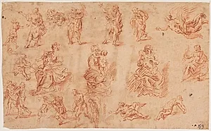 Studieblad med ialt 23 figurer, heriblandt Moses, der slår vand af klippen, Moses med Lovens Tavler, en engel med palmegren, tre gange Maria med Jesusbarnet, samt Jupiter med tordenkilen by Ubekendt