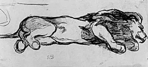 Studieblad med liggende hanløve, set fra bugen, med hovedet mod højre by Pierre Andrieu