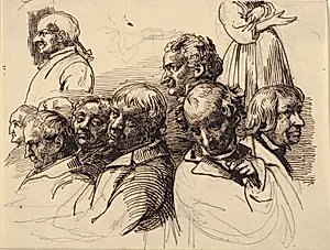 Studieblad med otte mandshoveder og en kvinde uden hoved by Wilhelm Marstrand