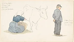 Studieblad med pige, der malker en ko, t.h. stående bonde. by P.C. Skovgaard