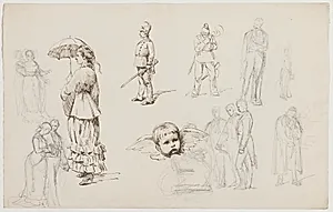 Studieblad med selskabsklædte mennesker, en dame med paraply, to dragoner og i midten (som engel) kunstnerens søn, Anton Thomsen by Carl Thomsen