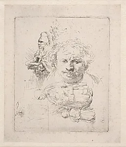 Studieblad med selvportræt, en tigger, en kvinde og et barn by Rembrandt van Rijn
