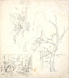 Studieblad med skovbillede, træer, planter og figur by Dankvart Dreyer
