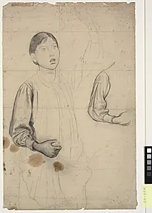 Studieblad med stående pige med hævet venstre arm, samt detalje af højre, bøjede arm og skulder by Edward Stott